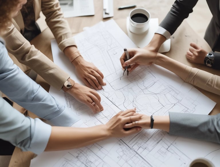 A hand is pointing to a digital interface displaying translucent images of business professionals. In the background, there are blurred figures of people standing in what appears to be a modern office or public space.