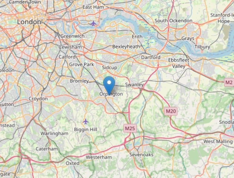 Map showing Alma Electrical Ltd service areas across Orpington, Bromley, Bexley, and Kent