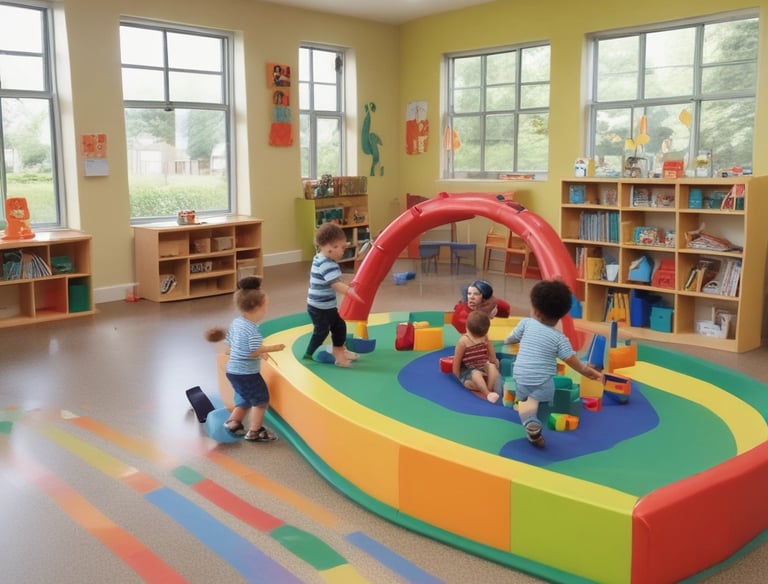 A colorful classroom with small tables and chairs, bright decorations, and educational materials. Children's artwork is displayed on the walls, and there are playful elements like painted benches and a vibrant alphabet rug.