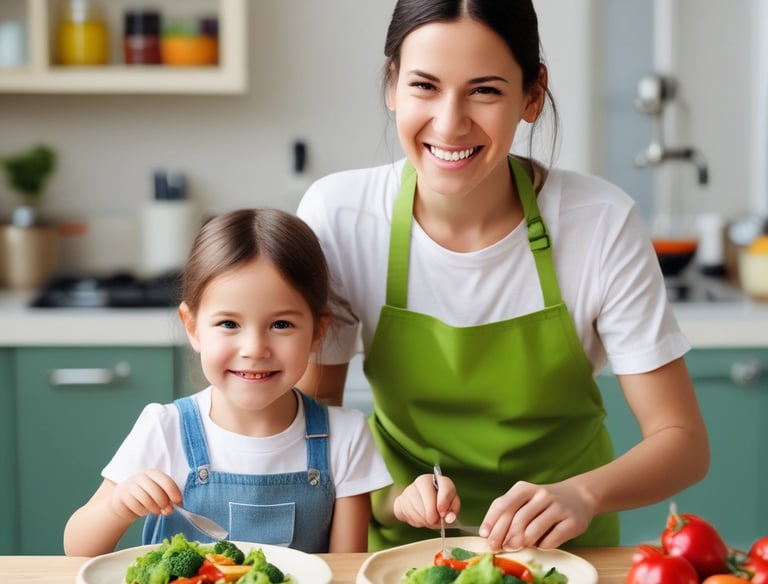 A group of young children is seated on small stools outdoors in an alleyway, attentively engaged with an adult woman standing nearby who appears to be teaching or talking to them. The scene is surrounded by various elements such as potted plants, a water cooler, parked motorcycles, and an arrangement of colorful items in the background. The children are wearing matching uniforms with white shirts and dark overalls.