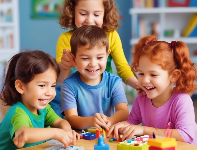A classroom setting with children sitting at desks and an adult woman standing and interacting with them. The classroom has posters and decorations on the walls, including an alphabet and numbers chart, and a chalkboard with instructions. The woman is holding some items in her hands and seems to be engaging with the children, who are looking at her attentively.
