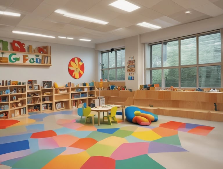 A single-story white building, possibly a preschool, with multiple windows is set against a backdrop of palm trees and a clear blue sky. The structure is surrounded by a low metal fence and is located next to a well-maintained grass lawn and a paved street in the foreground.