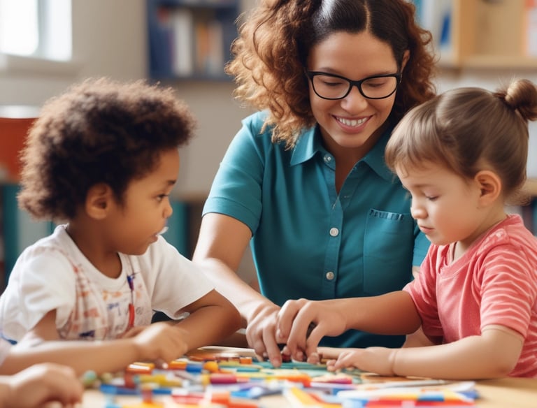 A group of young children in a classroom setting, wearing matching plaid uniforms with turquoise collars. The room has an orange-colored wall and windows with blinds. The children appear to be posing casually, displaying expressions ranging from serious to curious.