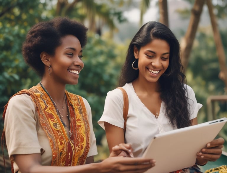 A large group of people in traditional white clothing are gathered in front of a building with palm trees around. They are holding a banner with dates and a travel agency's name. The backdrop includes a tall structure with ornately carved details.