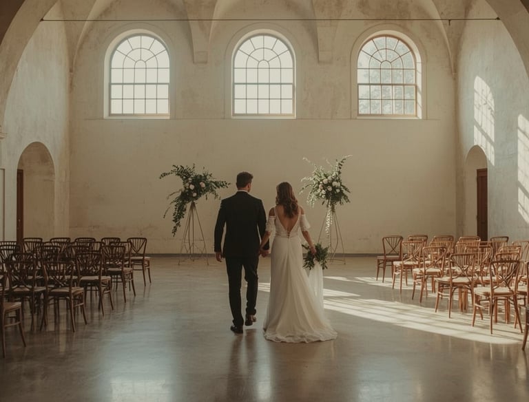 Couple visitant un lieu de réception lumineux avec grandes arches et ambiance élégante.