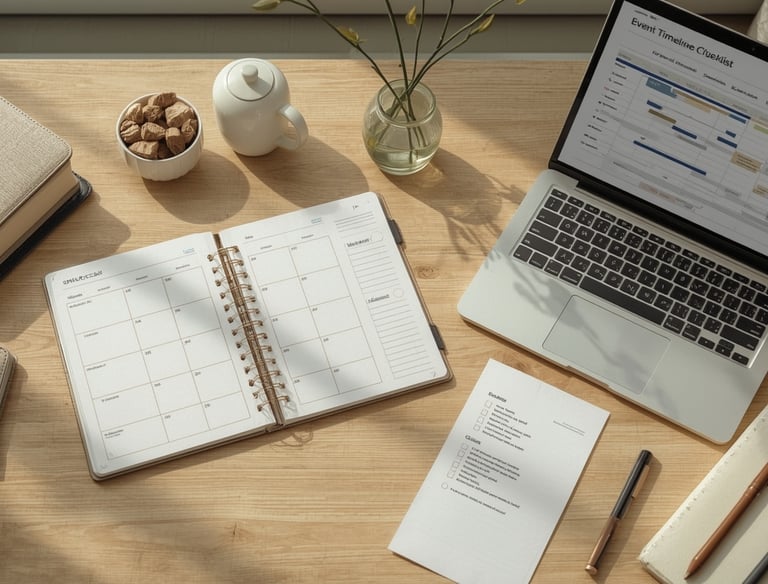 Table de travail organisée avec planning d’événement, checklists, ordinateur portable