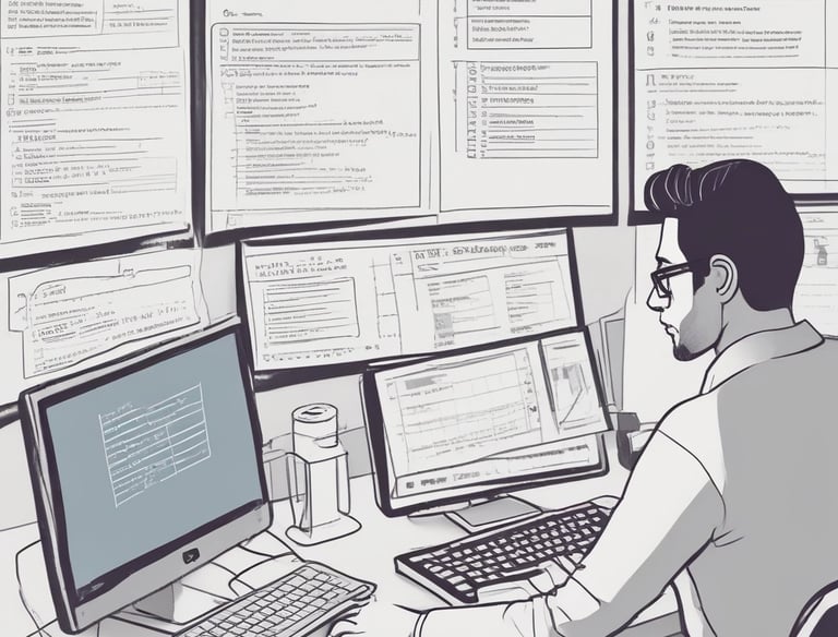 Two people appear focused and engaged while working on laptops at a wooden table. Both are wearing badge lanyards and seem to be collaborating. The table includes bottled beverages, a notebook, and a name plate that reads 'Team Outliers'. Stickers on one laptop suggest topics related to programming or software development.