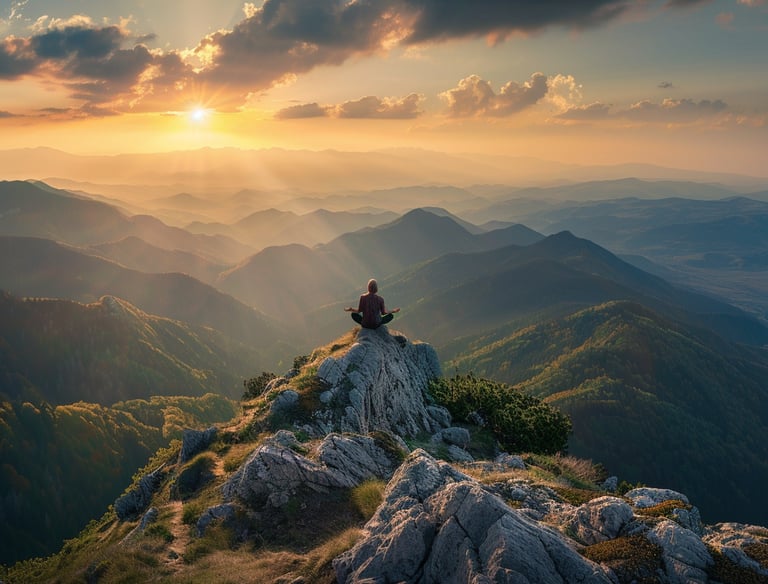 a person sitting on a rock in the mountains with the sun shining down