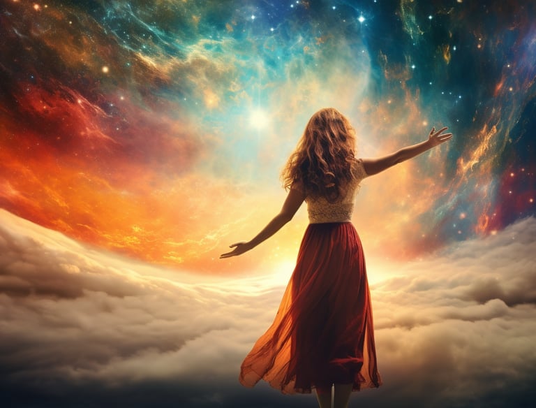 a woman standing in front of a colorful sky filled with stars