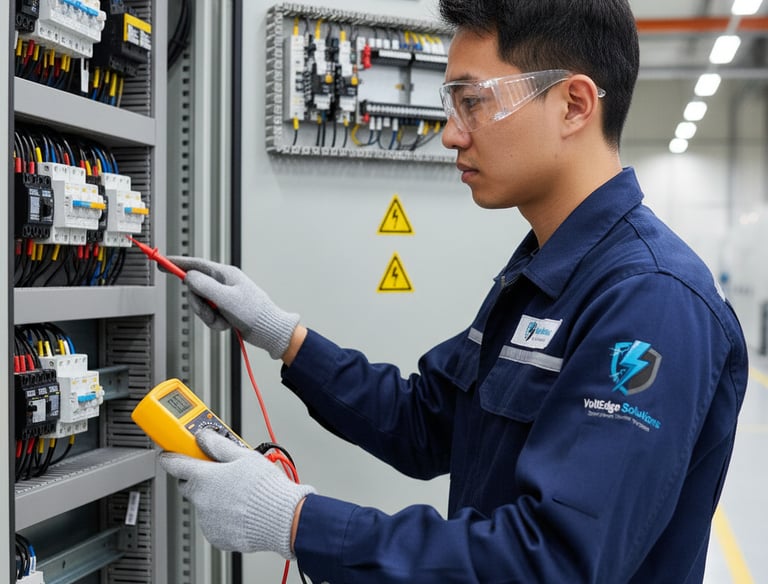 Engineer performing switchgear maintenance and voltage testing on LT & HT panels by VoltEdge Solutions