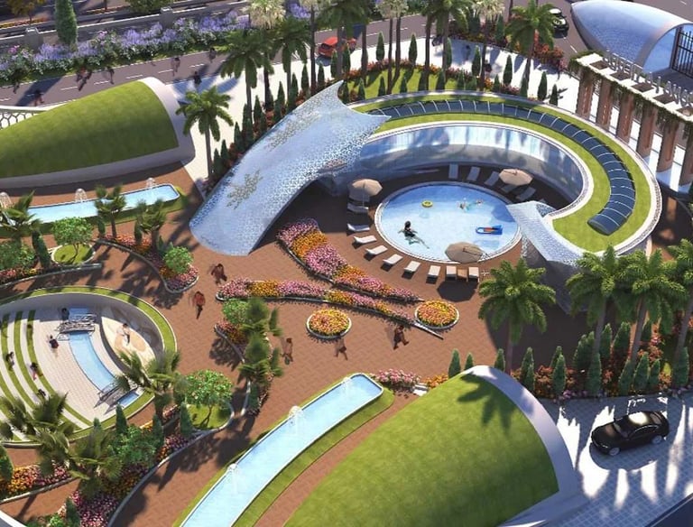 a large circular shaped building with a fountain