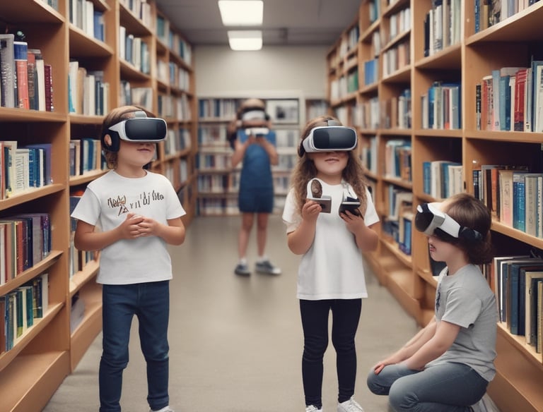 A cozy library with tall wooden bookshelves filled with various books. Soft lighting creates a warm and inviting atmosphere, with a reading corner featuring a cushion and a small rug on the floor. Green plants add a touch of nature near the window.