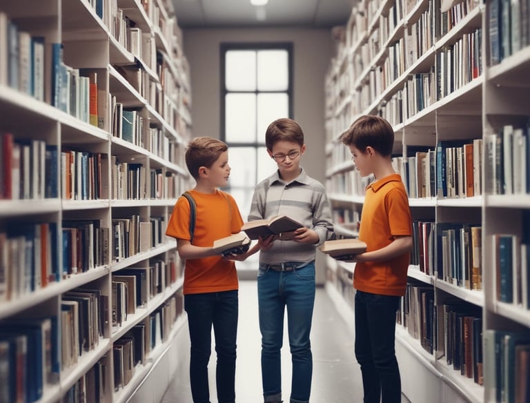 A modern library with two levels, featuring a vast collection of books neatly arranged on shelves. The upper level includes a walkway with individuals browsing the books. The lower level is a cozy seating area with people engaged in reading and conversation. The architecture includes wooden panels on the ceiling, glass railings, and plants adding a touch of greenery.