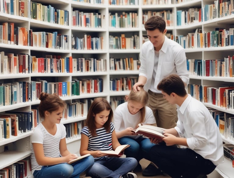 A library with towering wooden bookshelves filled with books and illuminated by warm lights. Above, a glass ceiling lets in natural light and features artistic paper-like sculptures suspended in motion, creating a sense of whimsical movement.