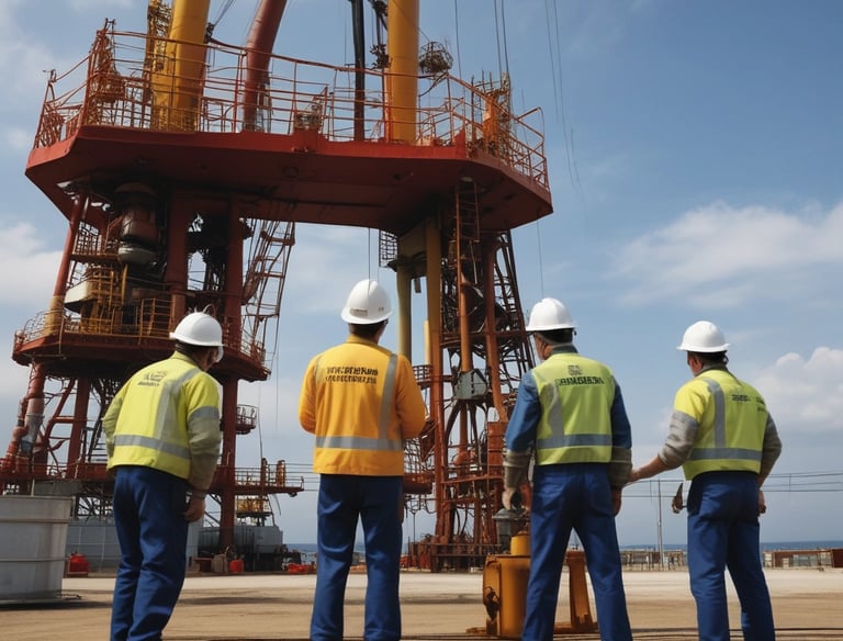 A wide, open road stretches into the distance, bordered by a dry, dusty landscape. On the left side, multiple oil pumps are visible, scattered across the barren terrain. Power lines run along the roadside, while a chain-link fence surrounds the oil field area. The sky is clear and blue.