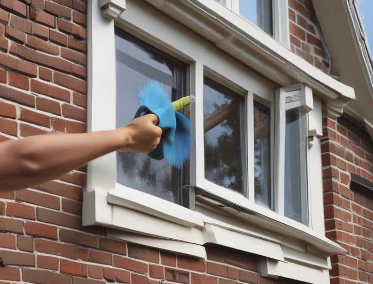 A person wearing protective gear, including a face shield and gloves, is power washing a sidewalk in an urban setting. Tall trees line the street, with a few people in the background walking along the sidewalk. The scene includes a road with light traffic and a prominent blue road sign.
