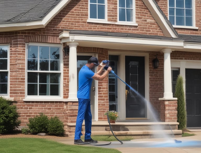 A close-up view of a person holding a pressure washer wand, spraying soapy water onto a car. The vehicle is covered in a layer of foam, and the scene takes place outdoors, possibly at an automatic car wash facility.