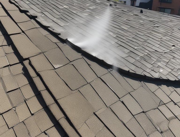 A person in a bright orange uniform and yellow hard hat is power washing the exterior of a structure next to a sidewalk. Large trees with dense green foliage are visible, along with bicycles parked under a canopy. The scene appears to be in an urban setting with buildings and construction in the background.