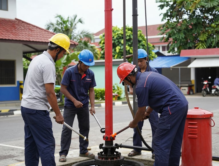 Construction workers in hard hats and safety gear performing industrial well drilling and maintenance.