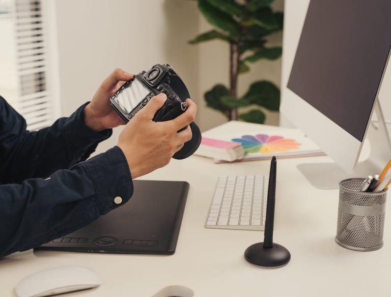 a man sitting at a desk with a camera for creative work