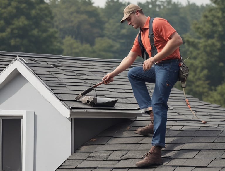 A dark, moody photograph of an angled roofing structure with a wavy pattern. The top of the roof appears weathered. Raindrops are visibly falling in front of the roof, with a blurred green background, possibly trees.