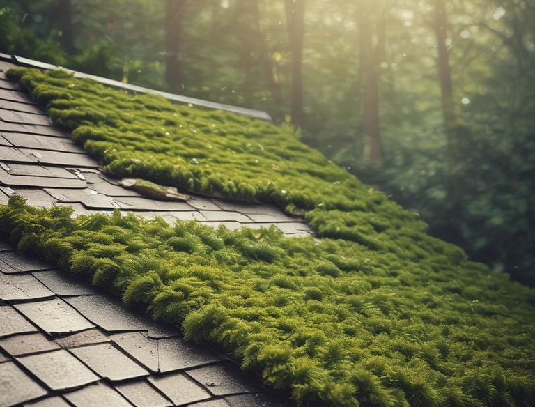 A rooftop covered with wooden shingles features a mounted floodlight against a clear blue sky.