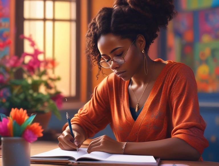 A large neoclassical building with tall white columns and a triangular pediment, featuring banners that read 'YOGA', 'MEDITATION', 'CHANTING', and 'RELAXATION'. The structure is surrounded by neatly trimmed bushes and palm trees. A person stands in the foreground, smiling and wearing casual clothing.