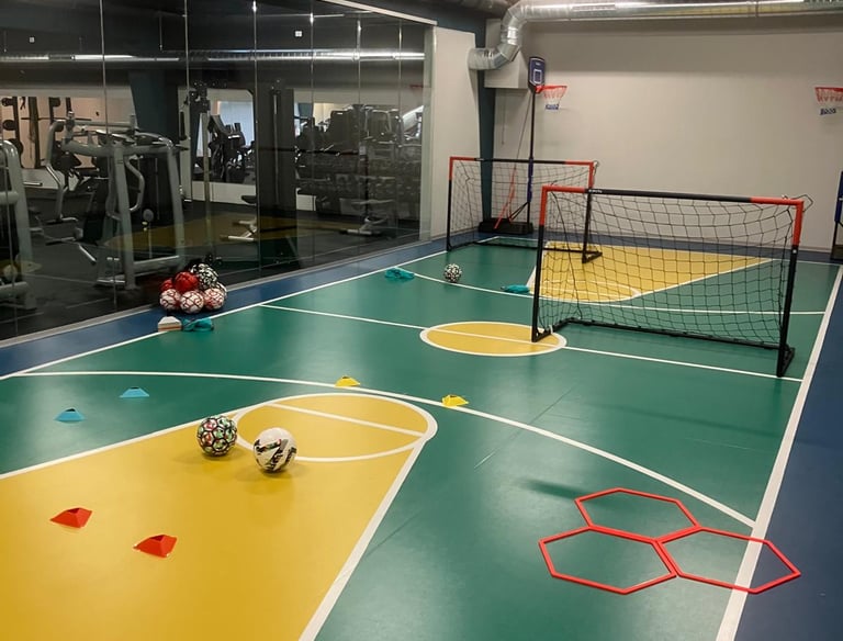 Area multisport della palestra Move 2 Grow a Milano con campo colorato, porte da calcio, palloni e attrezzature per allenamen
