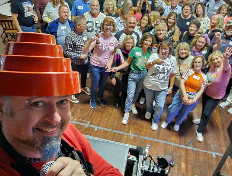 80's Themed Class Reunion in Plymouth Wisconsin. DJ is wearing a DEVO Powerdome. 