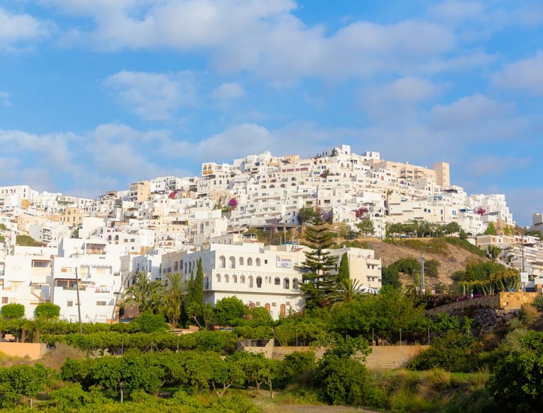 Foto del pueblo de Mojacar por el día, invita a los lectores a descubrir tours personalizados.