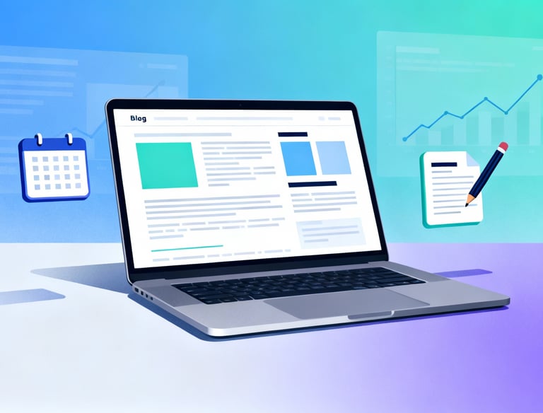 Illustration of a laptop displaying a blog layout surrounded by a calendar, document, and charts symbolizing content creation