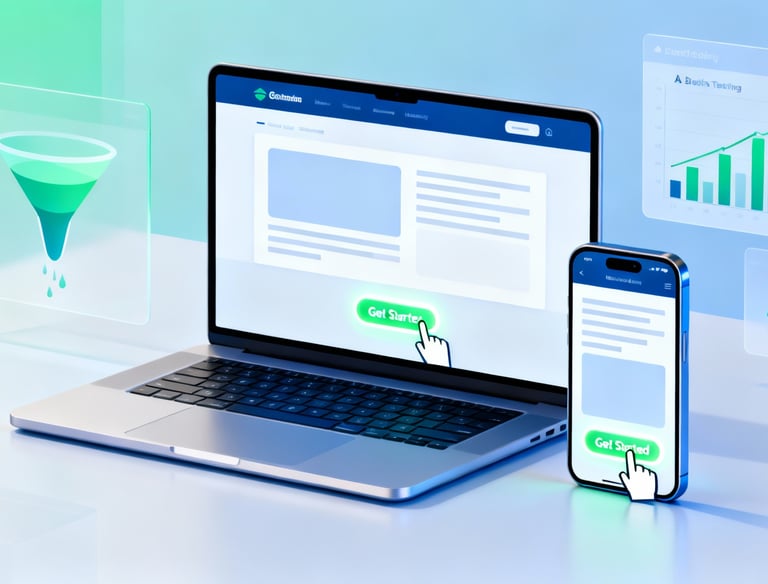 Modern illustration of a laptop and smartphone with a clean website design and a glowing call-to-action button being clicked,