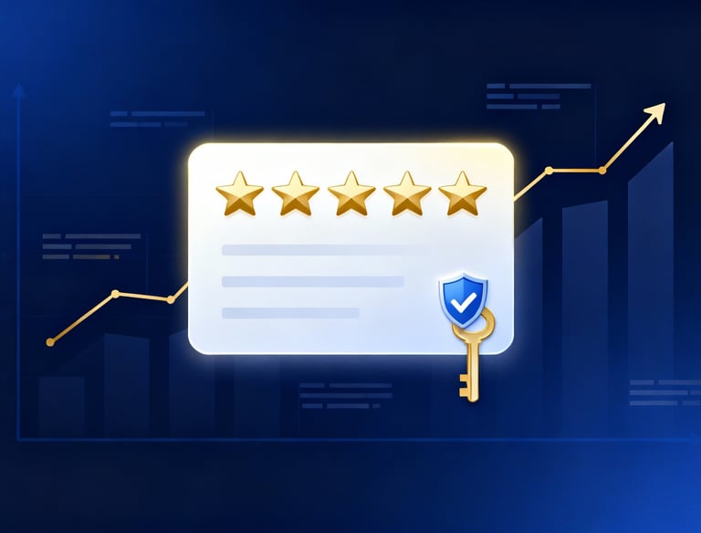 Premium illustration featuring a 5-star review card with a verified checkmark, upward rating graph, and positive feedback, sy