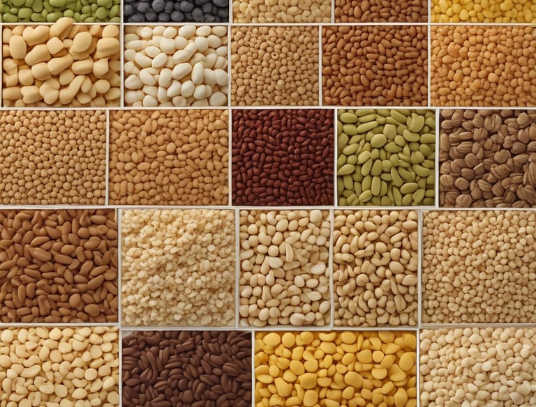 Numerous sacks filled with various types of grains, rice, and spices are displayed in a market setting. Each sack is accompanied by a colorful price tag indicating the product name and cost in euros. The arrangement appears vibrant and diverse, showing a rich assortment of culinary ingredients.