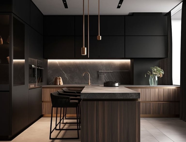 a kitchen with a marbled counter top and a black counter top