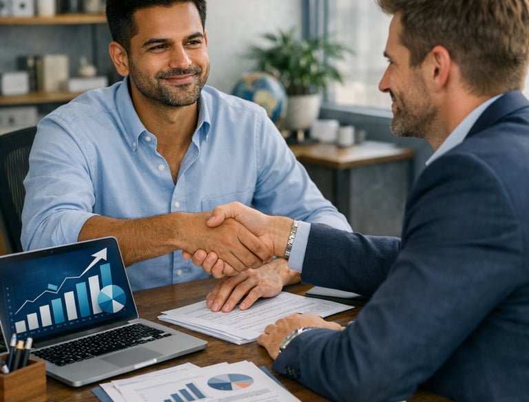 Professional business partners shaking hands over a desk with financial growth charts on a laptop screen.