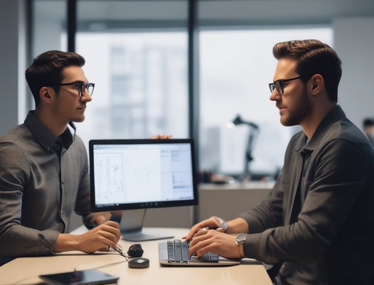 A modern office setting with a team collaborating on a website project.