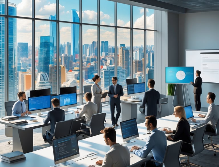 a group  of people  sitting at desks in a conference room