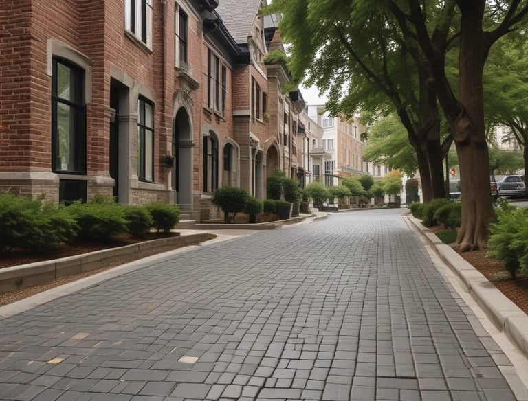 a man riding a skateboard down a street next to tall buildings