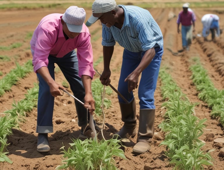 A vast agricultural field with rows of green crops stretching toward the horizon. In the foreground, a large tree trunk with hanging branches is visible, standing adjacent to a paved road. The background features distant mountains under a clear, bright blue sky.