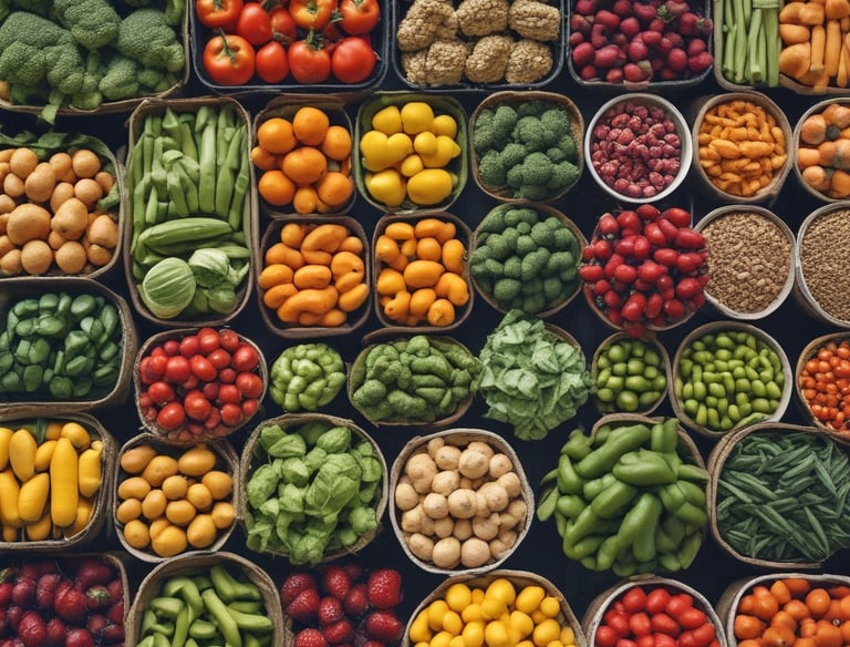 An aerial view of a lush, green agricultural field situated on a hillside, with rows of crops and several palm trees scattered throughout. In the distance, there is a dense forested area and hints of a city skyline under a clear blue sky. A small building or shed is visible near the crops.