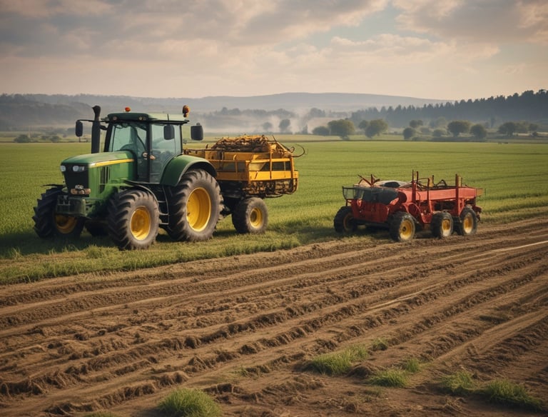 Several agricultural fields are visible in an aerial view with geometric patterns. The fields are separated by thin dirt roads or embankments and display different colors due to variations in crop types, soil, or water conditions.