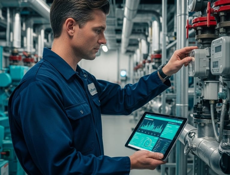 a man in a blue uniform is holding a tablet computer checking HVAC system.