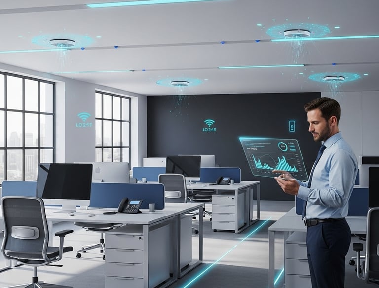 a man standing in a room with a laptop and a tablet for smart IoT