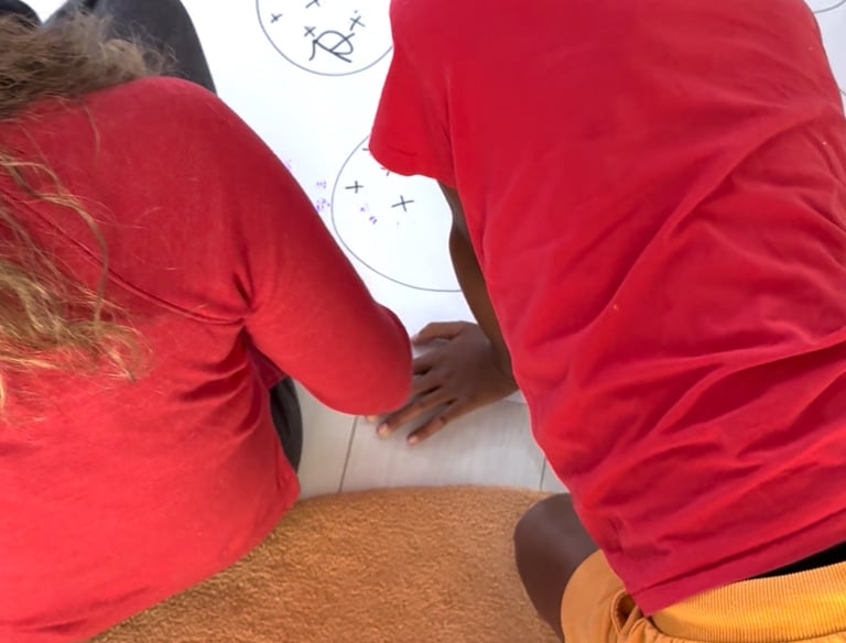 adult and child in red shirt working on math 