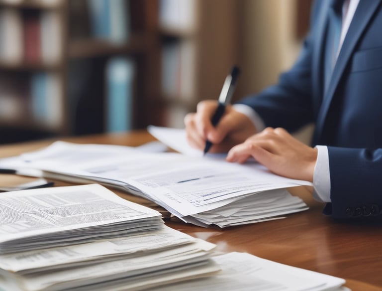 a man riding a skateboard down a street next to tall buildings
