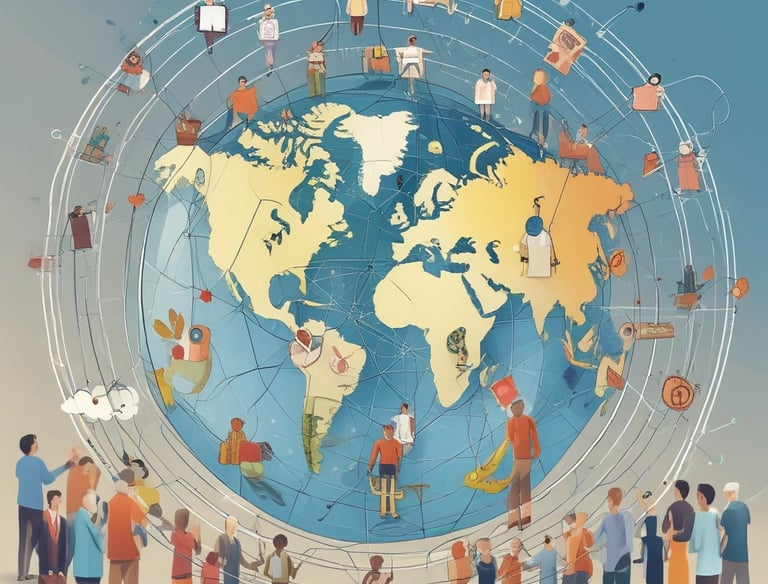 A person is leaning against a table beside a moving truck with visible branding, appearing to be engaged in a phone call. The setting includes a tropical tree, high-rise buildings in the background, and an orange wall to the right. Another parked trailer is in view, and various items are scattered on the surface in front of the individual.