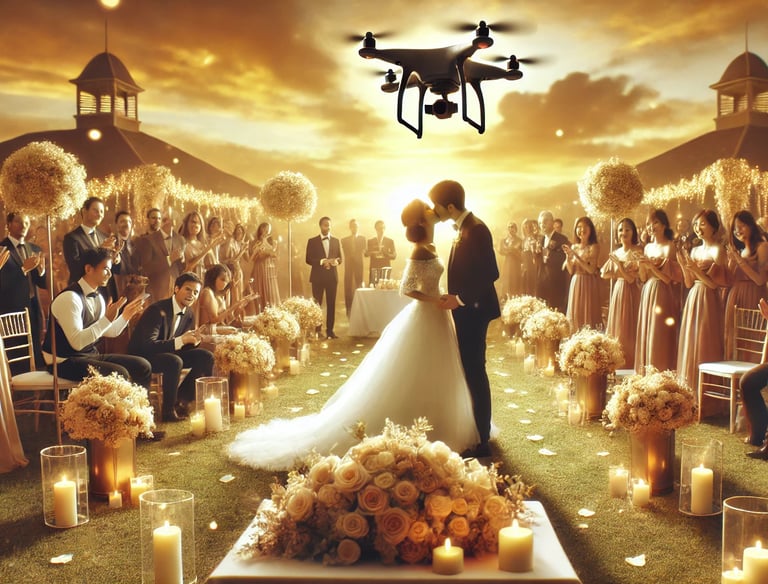 A romantic outdoor wedding ceremony at sunset, with a bride and groom sharing a kiss at the altar.