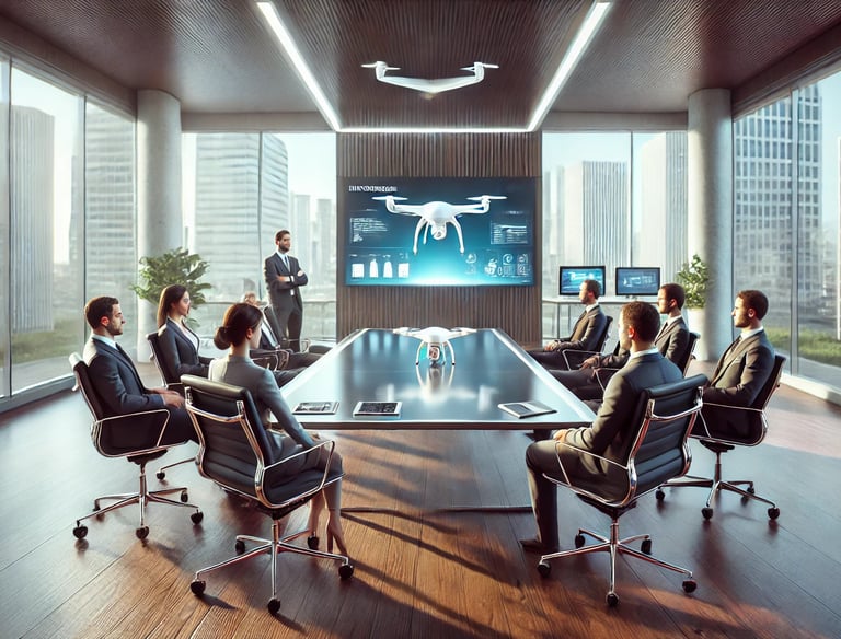 A modern corporate boardroom meeting in a high-rise office surrounded by windows.