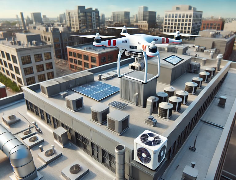 A hyper-realistic drone hovers above the rooftop of a modern commercial building during a sunny day.